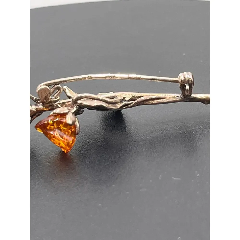 Baltic Cognac Amber Double Rose Brooch 925 Sterling‎ Silver Hand Carved Signed